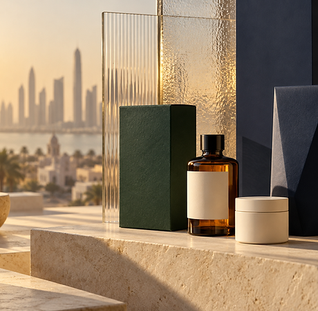 Illustrative unbranded products and packaging with a softly lit city backdrop