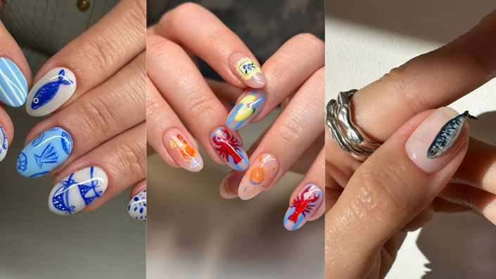 Sardine girl summer, summer nails, Seafood buffet nails, Sardine nails, Aquatic mani Inspo, Manicures, Lobster nails, Oyster nails,