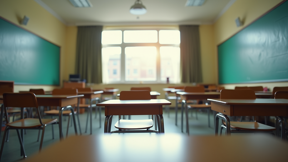 Eye-level view of a school classroom with desks and educational materials