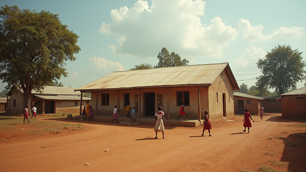 Eye-level view of a rural Ghanaian school building with children playing outside