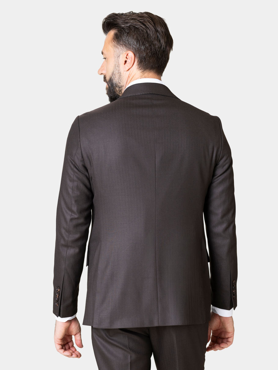 Costum maro închis din lână pentru bărbați, vedere din spate