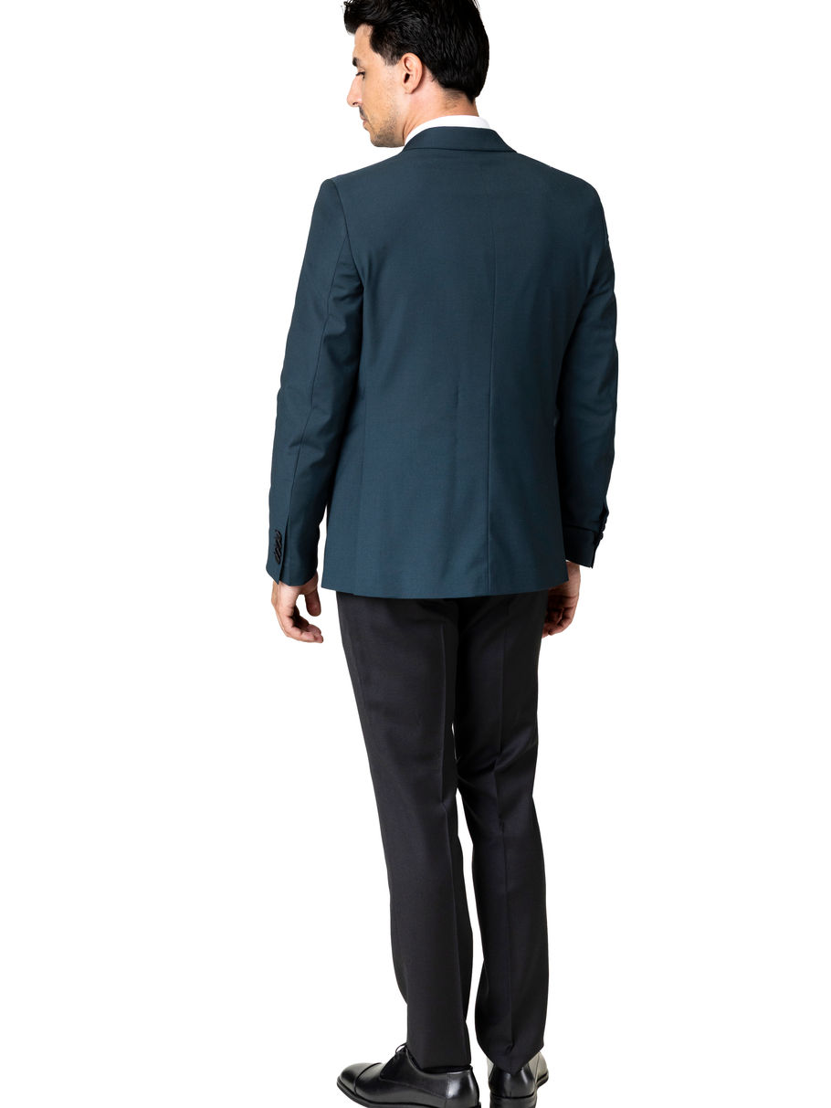 Costum verde petrol cu pantaloni negri pentru bărbați, vedere din spate