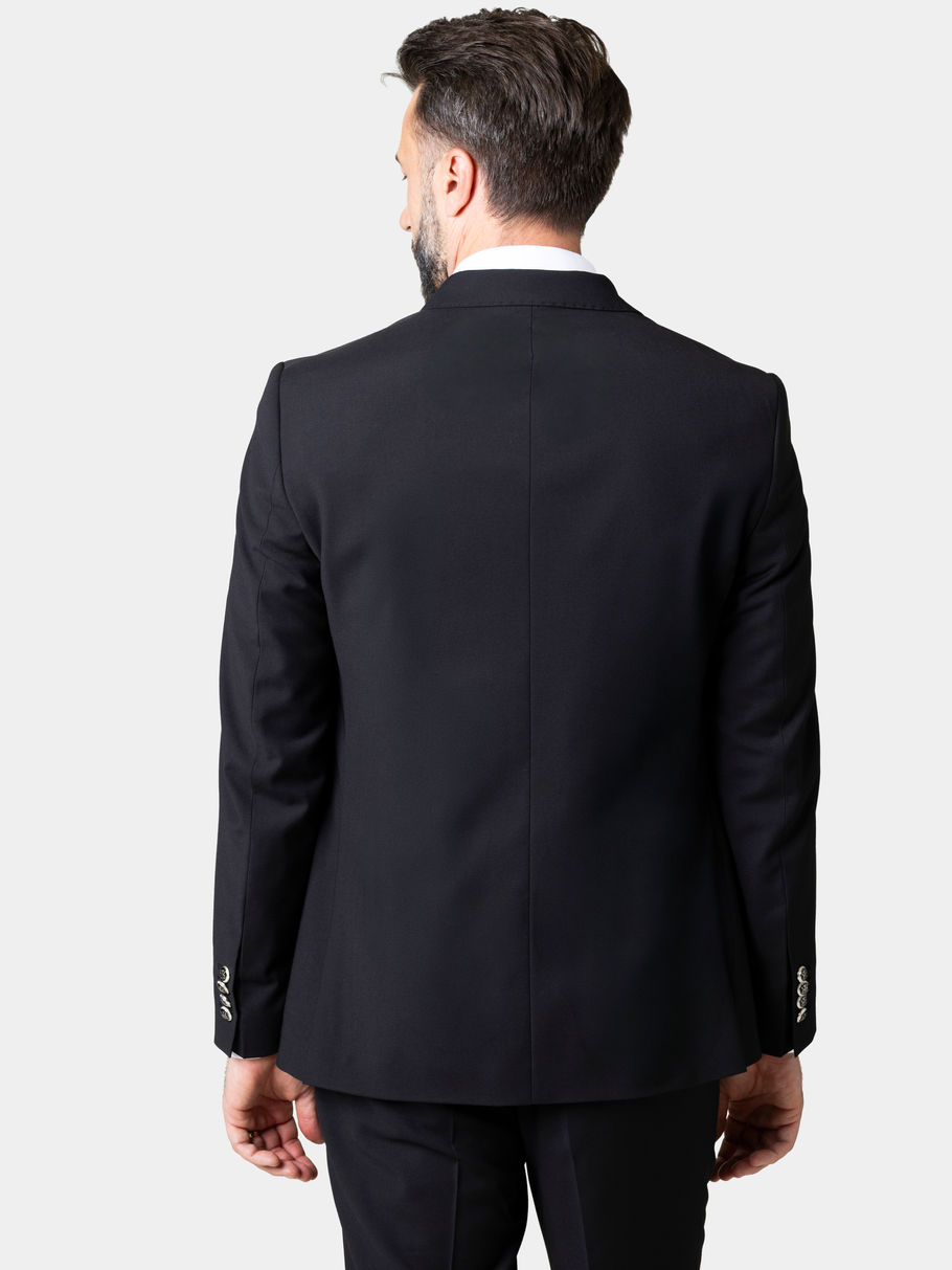 Costum negru double-breasted pentru bărbați, vedere din spate