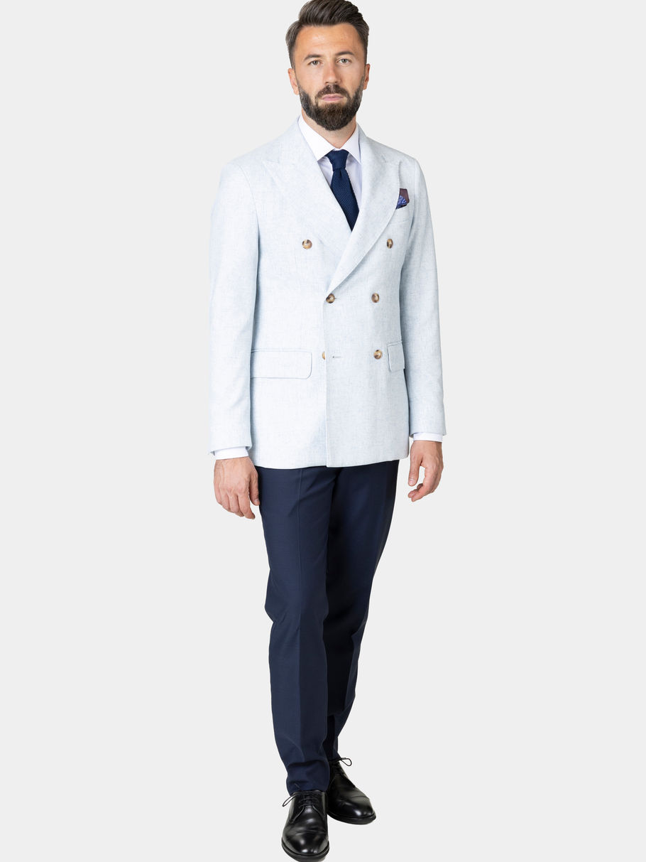 Costum din in pentru bărbați, cu sacou albastru deschis și pantaloni bleumarin