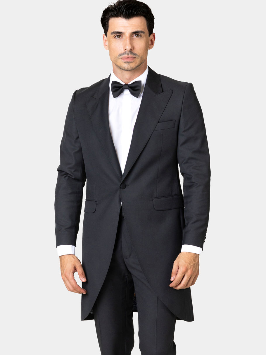 Costum negru tip frac pentru bărbați, cu sacou alungit și papion negru