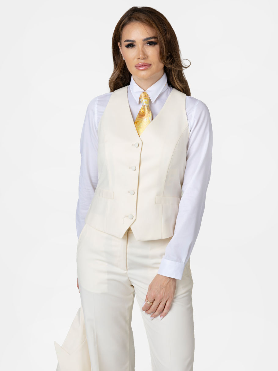Vestă alb ivoire din lână pentru femei, vedere frontală cu pantaloni asortați