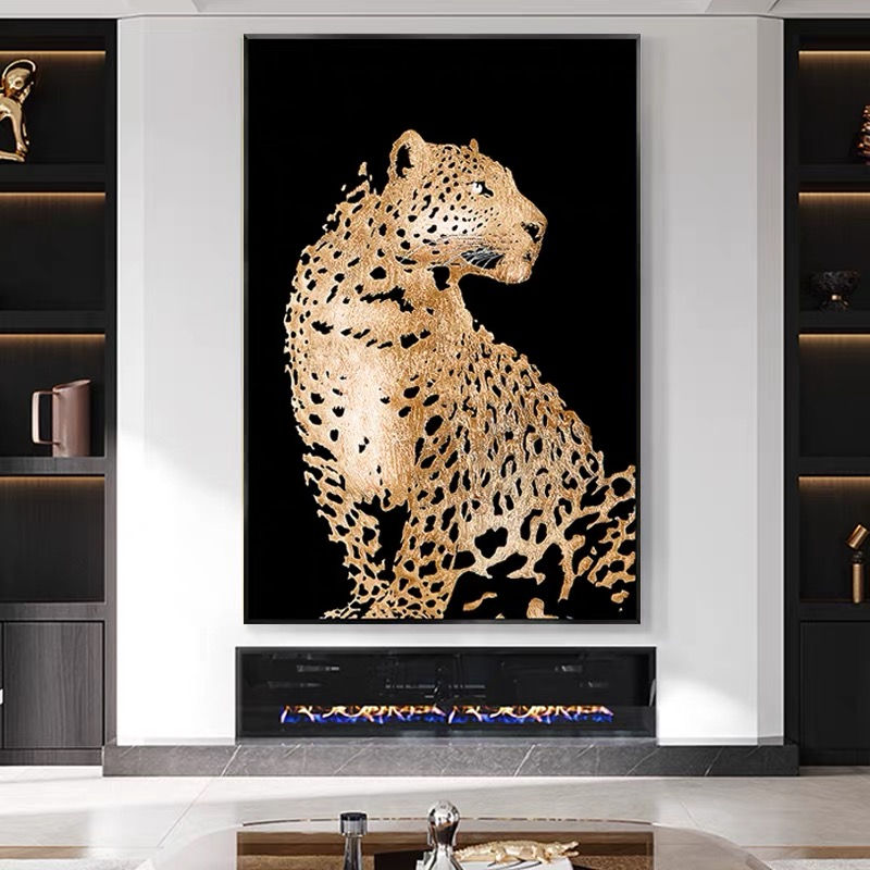 Gold Leopard Wall Art, Luxury Black Canvas Decor, 27.6 x 43.3 In