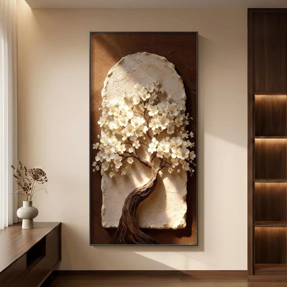 3D Floral Tree Relief Wall Art Panel, Vintage Entryway Decor, 60 x 120 cm