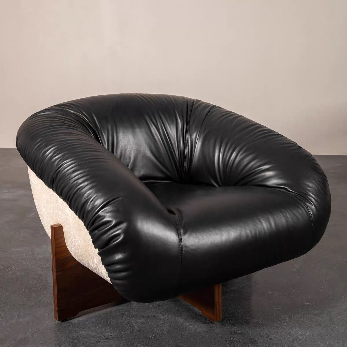 Black Leather Accent Chair, Sculptural Solid Wood Lounge Armchair