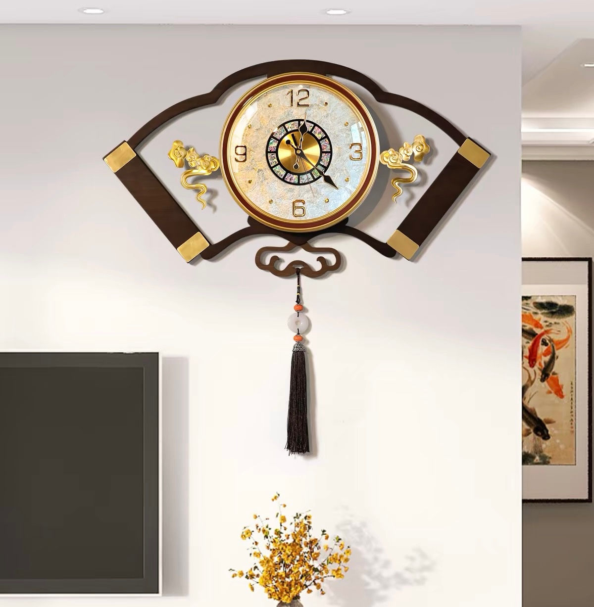 Fan-Shaped Wall Clock Luxury Decorative Clock, 73.5 x 74 cm