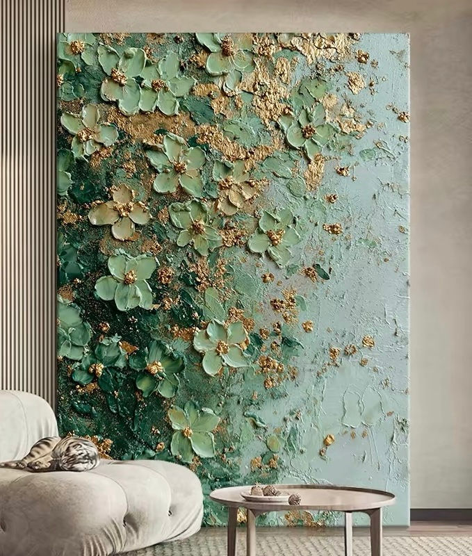 Green Gold Floral Wall Art, Textured Oil Painting for Living Room, 27.6x39.4
