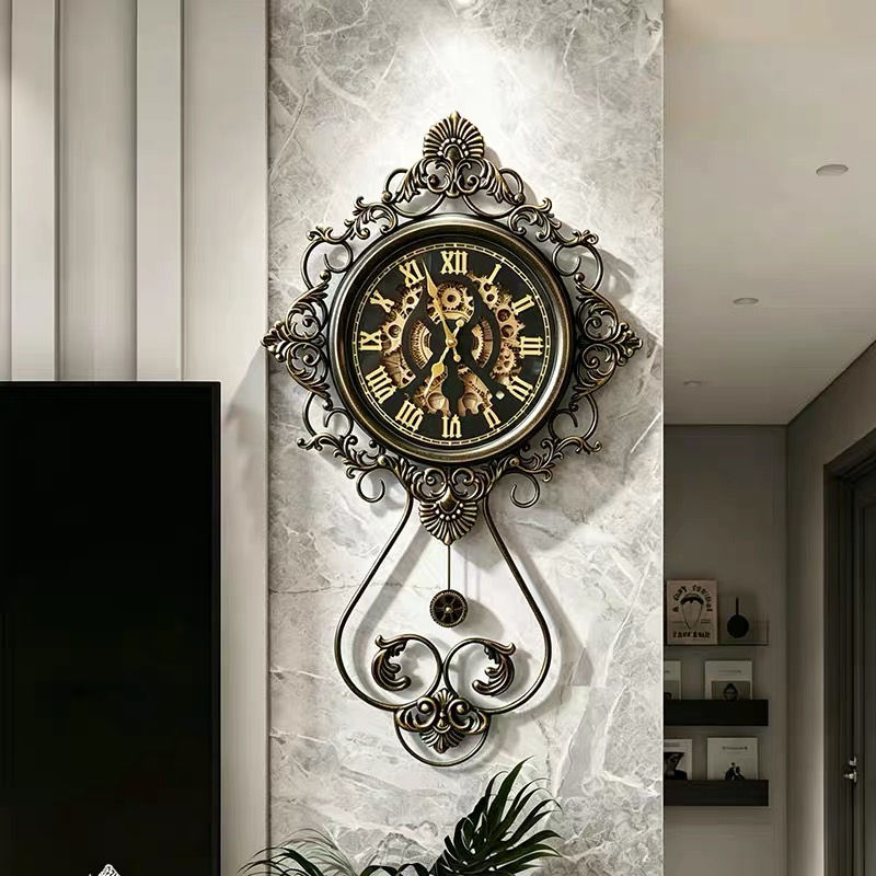 Vintage Metal Gear Wall Clock with Pendulum, Roman Numerals, 55 x 95 cm