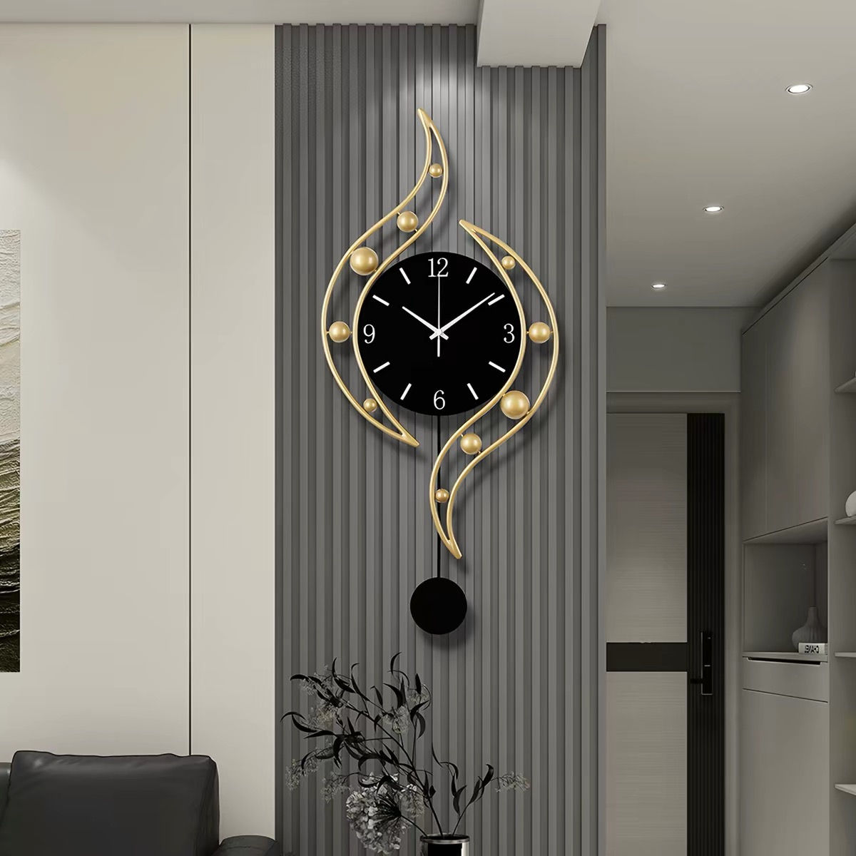 Modern Quartz Wall Clock with Pendulum, Gold Black Decor, 33 x 75 cm
