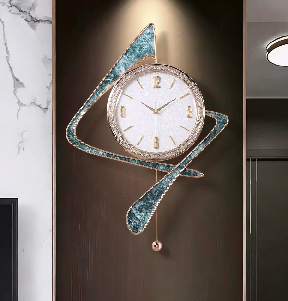 Modern Artistic Wall Clock with Pendulum, Green Gold Decor, 54 x 71 cm