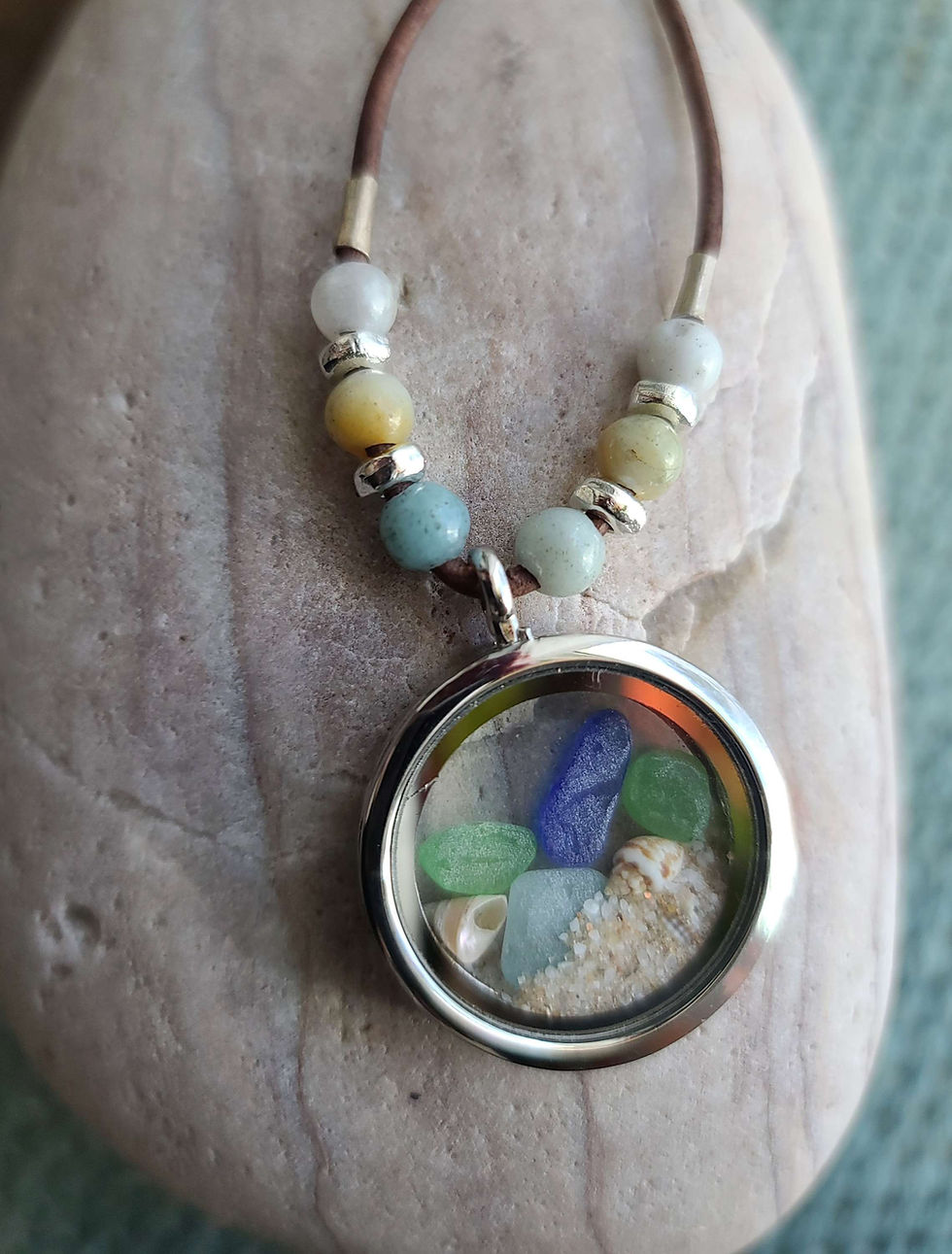 Thumbnail:  Beach glass filled floating locket leather necklace
