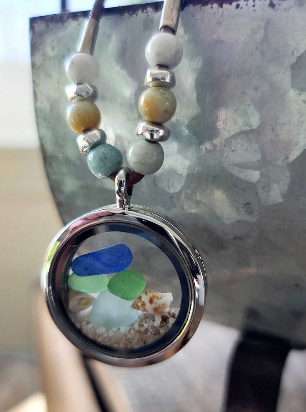 Thumbnail:  Beach glass filled floating locket leather necklace