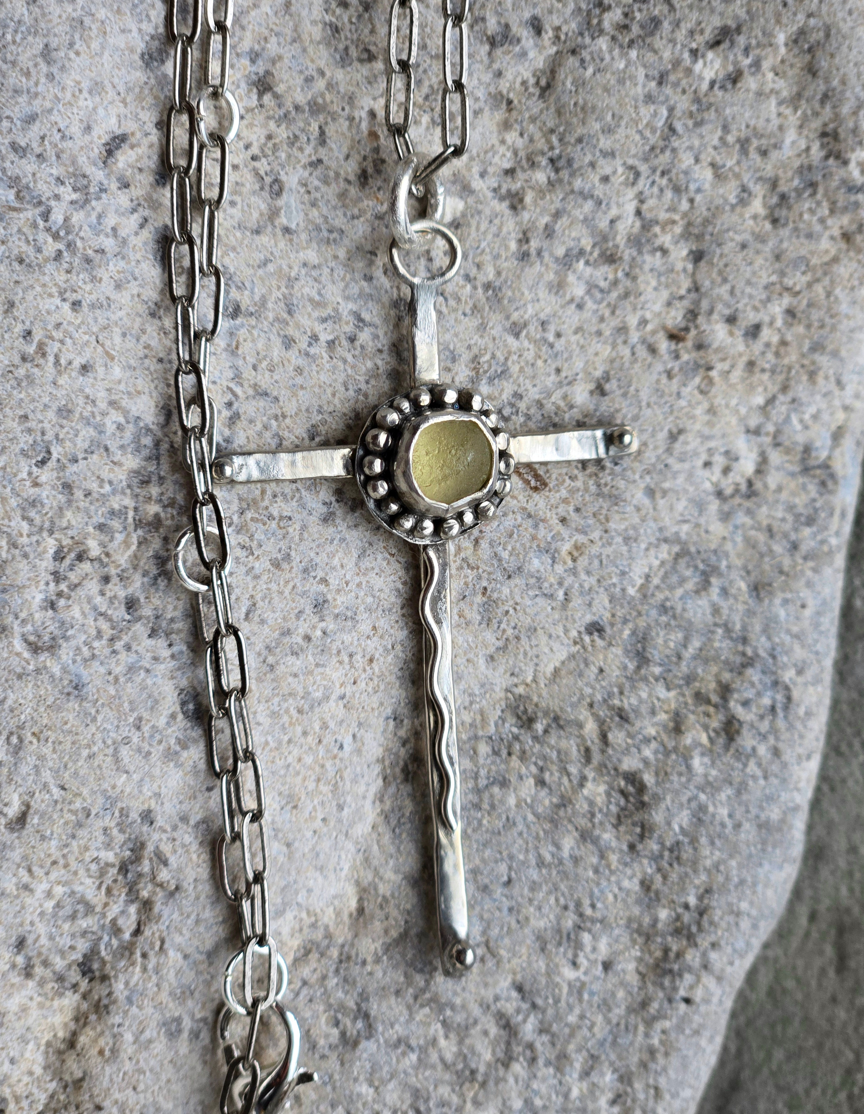 Handcrafted Lake Michigan Beach Glass Cross Necklace in Argentium & Fine Silver