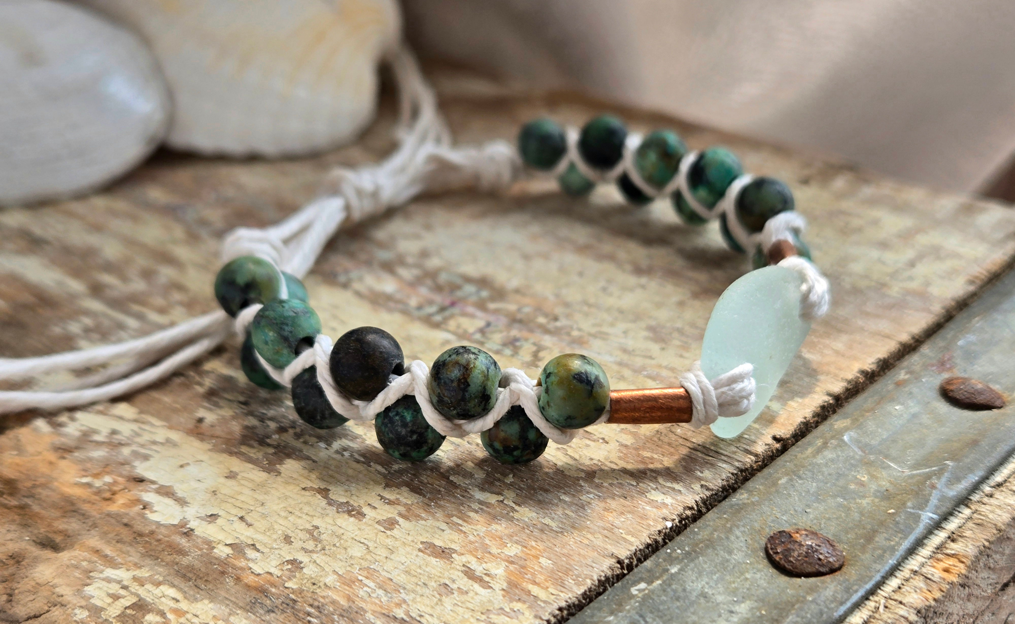 Lake Michigan Beach Glass & Turquoise Hemp Bracelet with Copper Accents