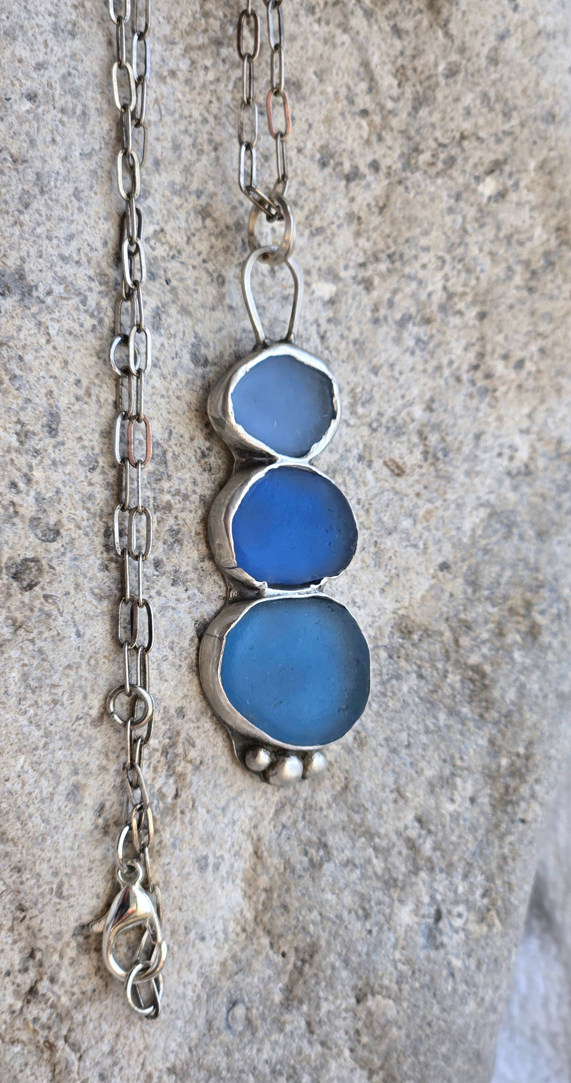 Lake Michigan Cobalt Sea Glass Stacked Pendant Necklace in Argentium Silver