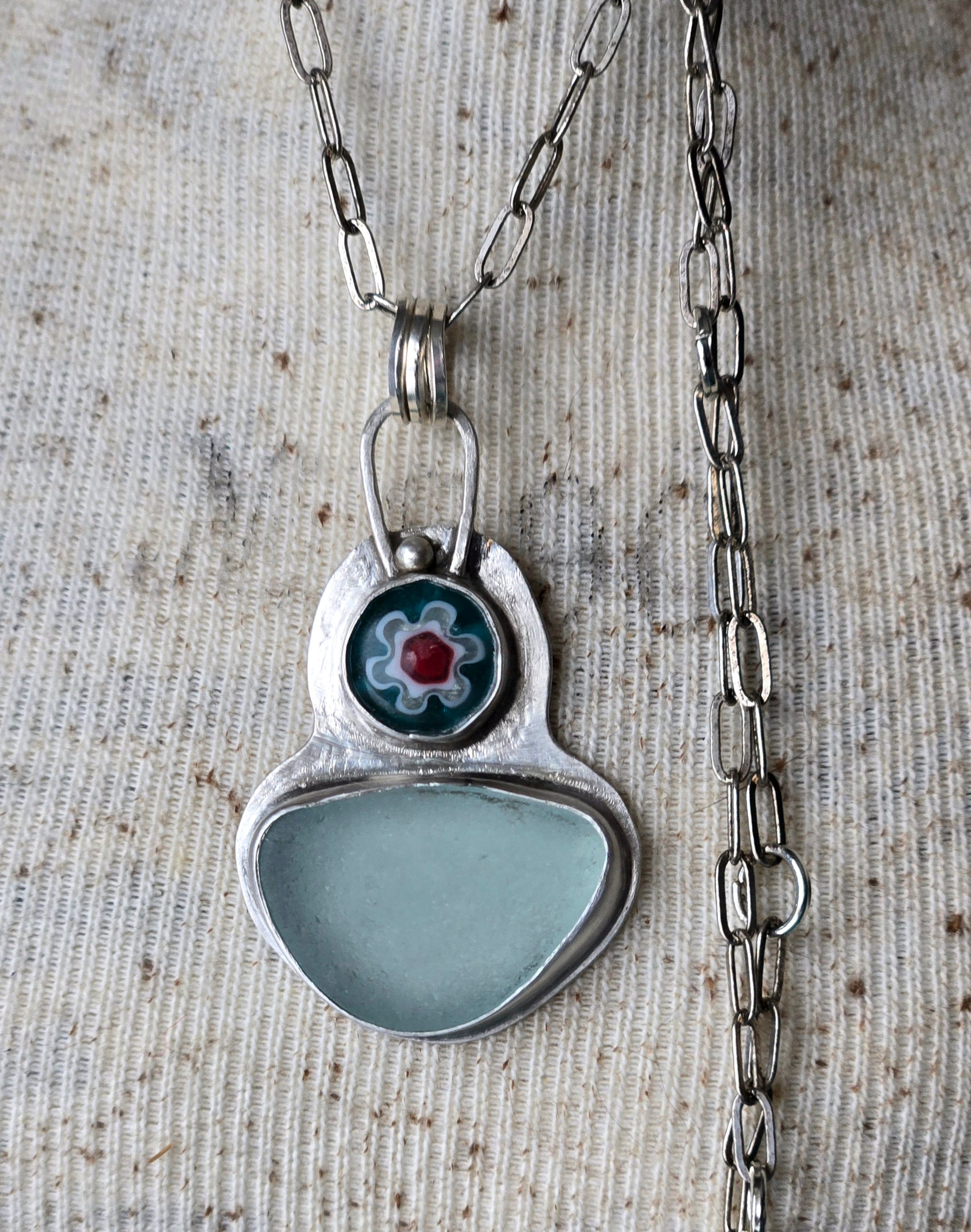 Lake Michigan Beach Glass & Venetian Millefiori Pendant – Argentium Silver Bezel