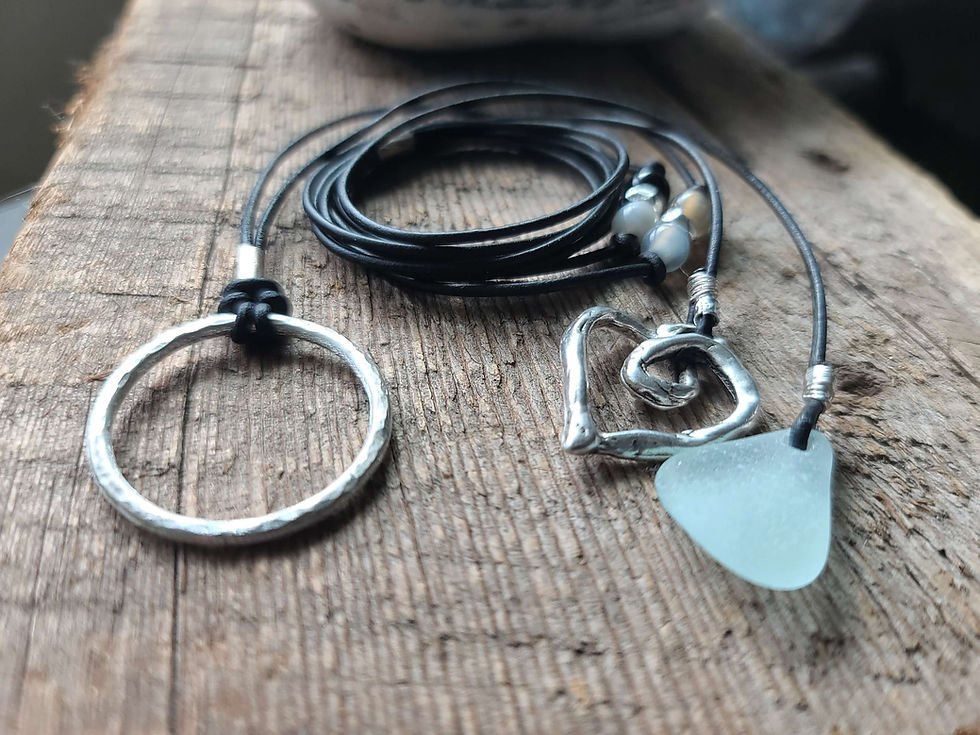 Thumbnail: Silver Heart Charm Beach Glass Lariat 