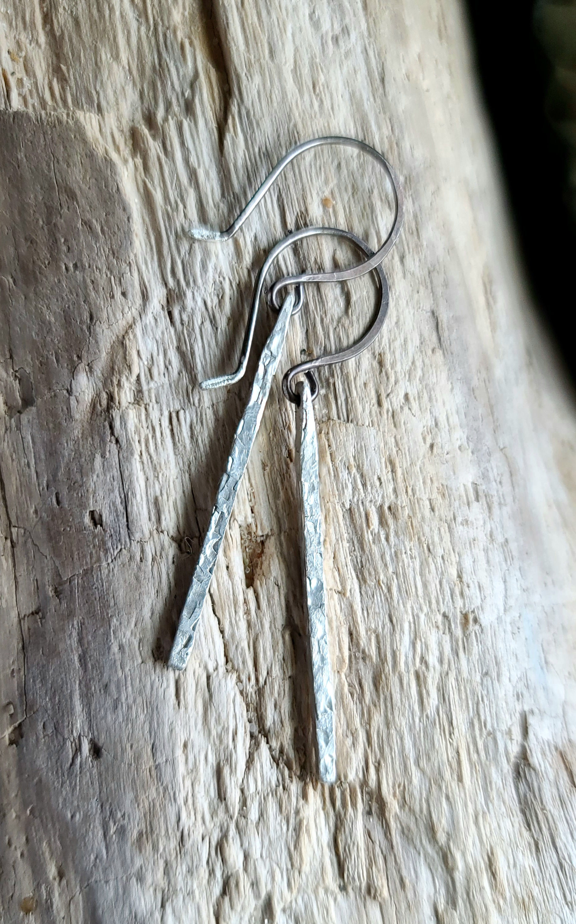 Hammered Argentium Silver Stick Earrings-Antiqued Dangle Bars