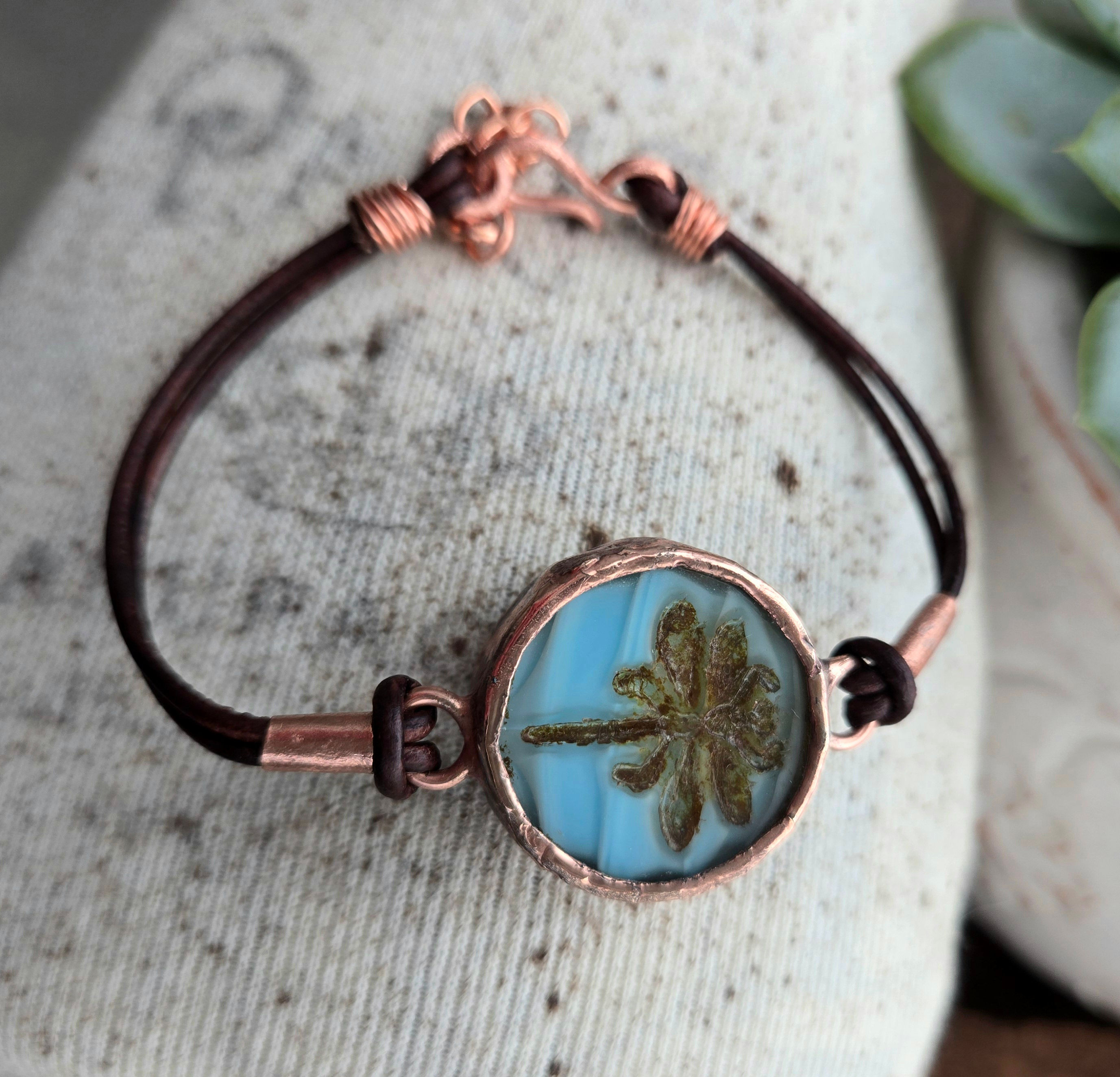 Copper Solder Glass Shadowbox Bracelet With Czech Glass Dragonfly Coin Bead