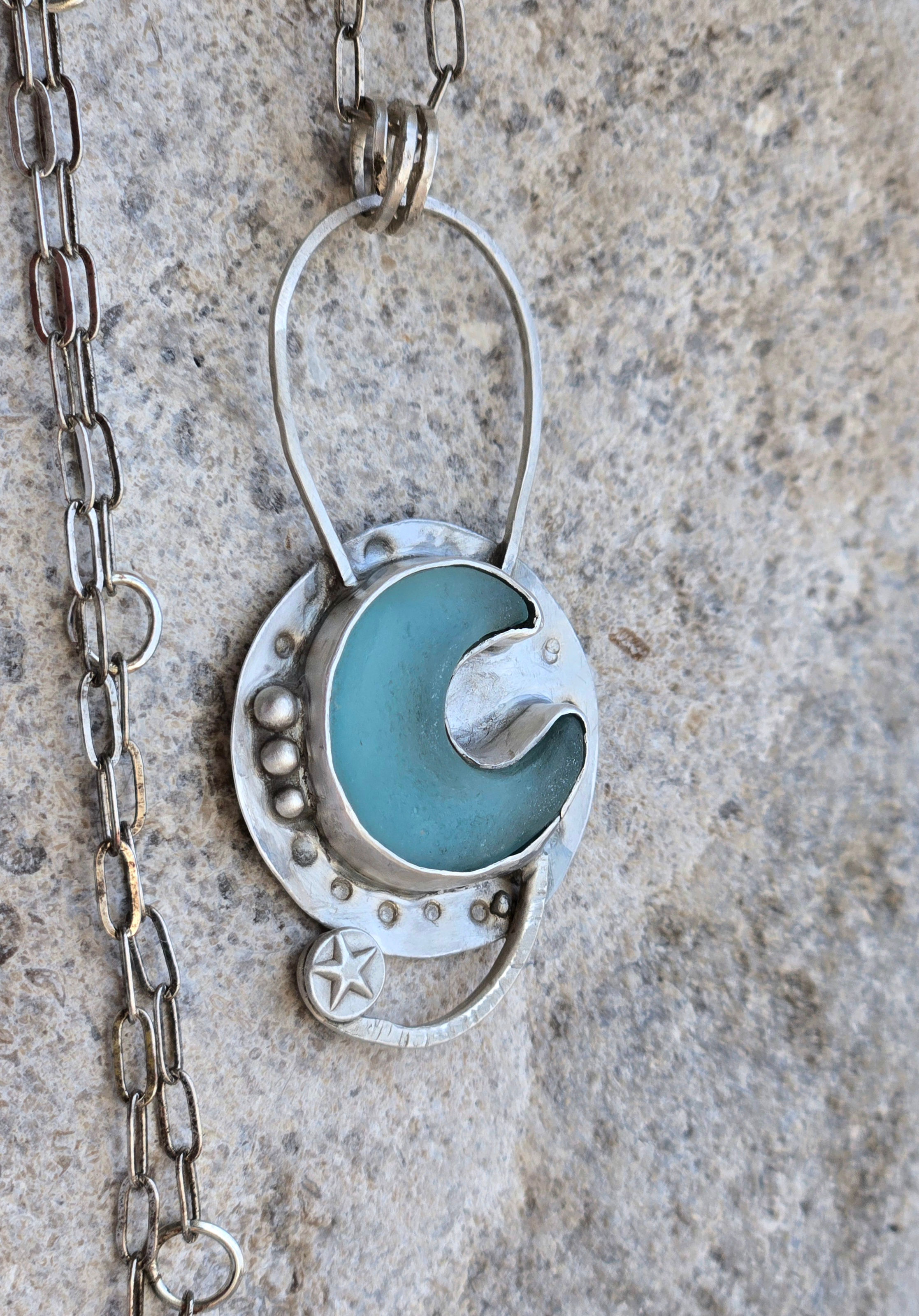 Hand-Carved Lake Michigan Beach Glass Moon Argentium Silver Bezel Necklace