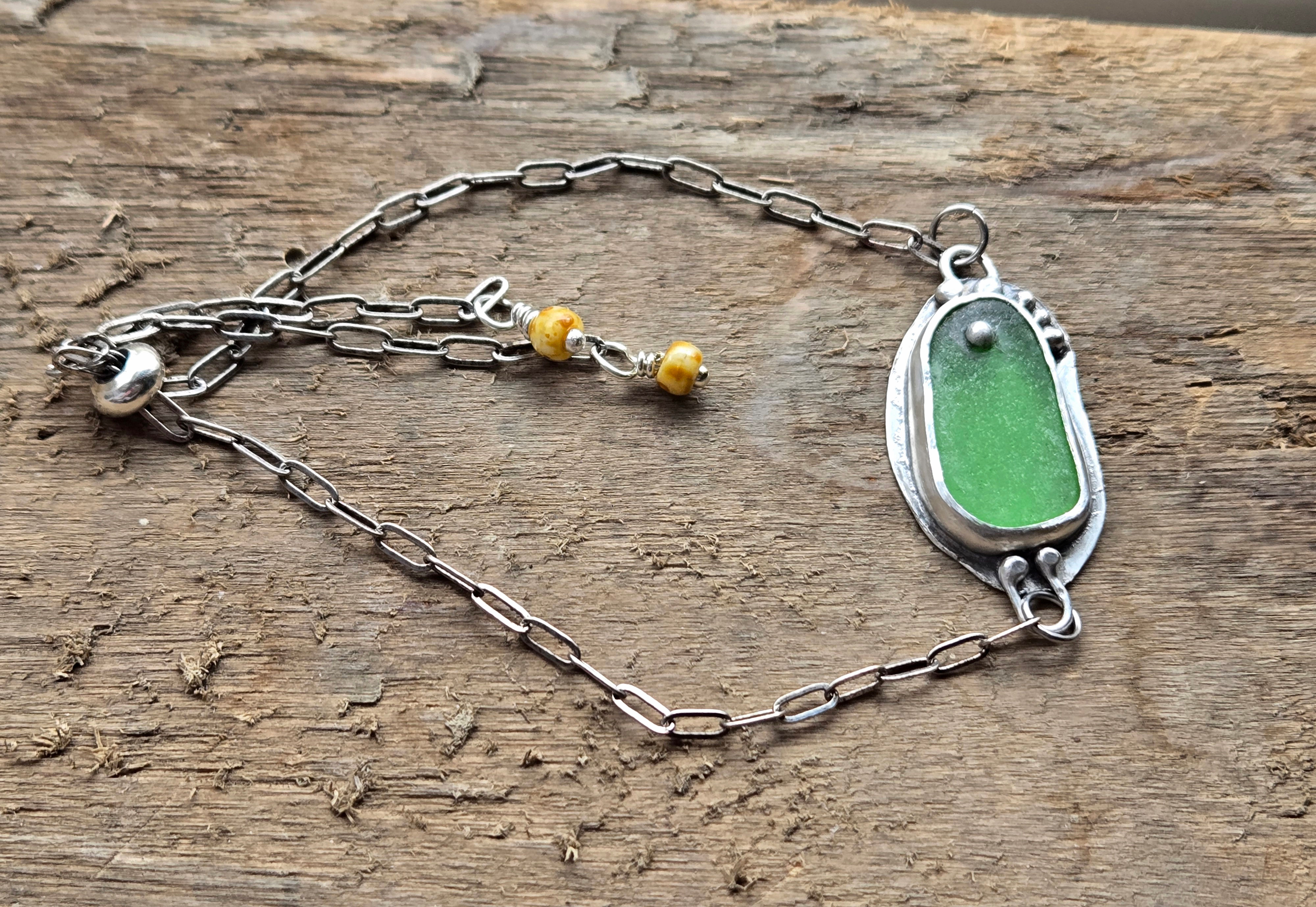 Emerald Green Lake Michigan Beach Glass Bezel Bracelet