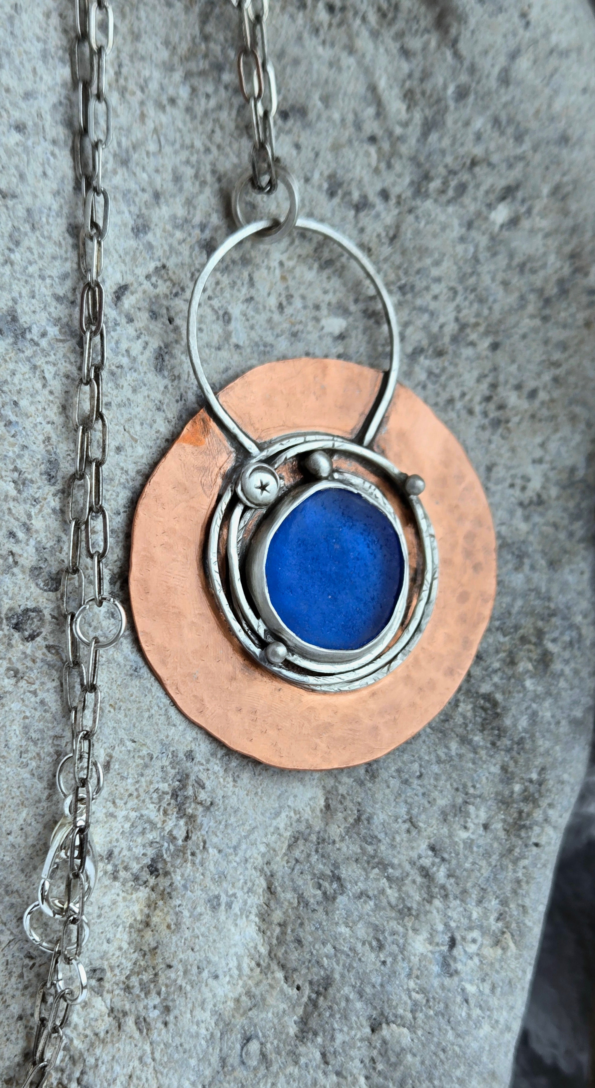 Cobalt Blue Lake Michigan Beach Glass Fine Silver & Copper Pendant Necklace