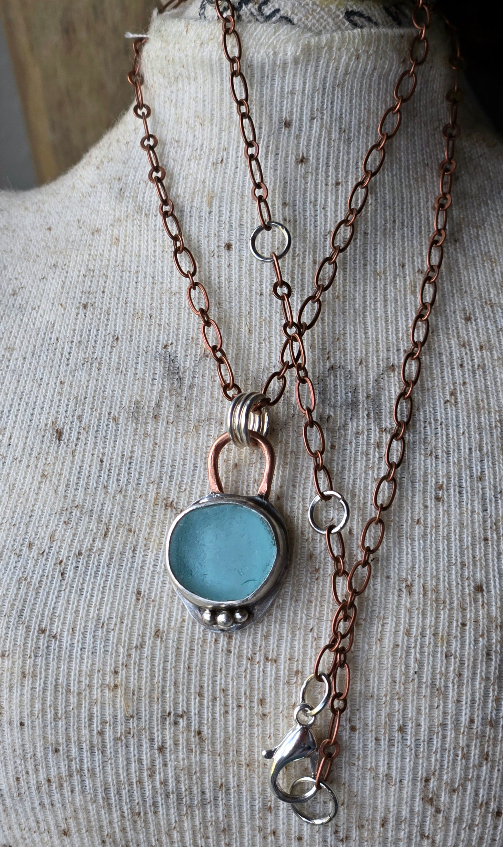 Lake Michigan Beach Glass Pendant Necklace – Fine Silver Bezel & Copper Chain