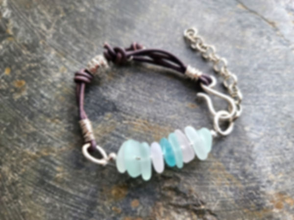 Frosty Lake Michigan beach glass leather bracelet 