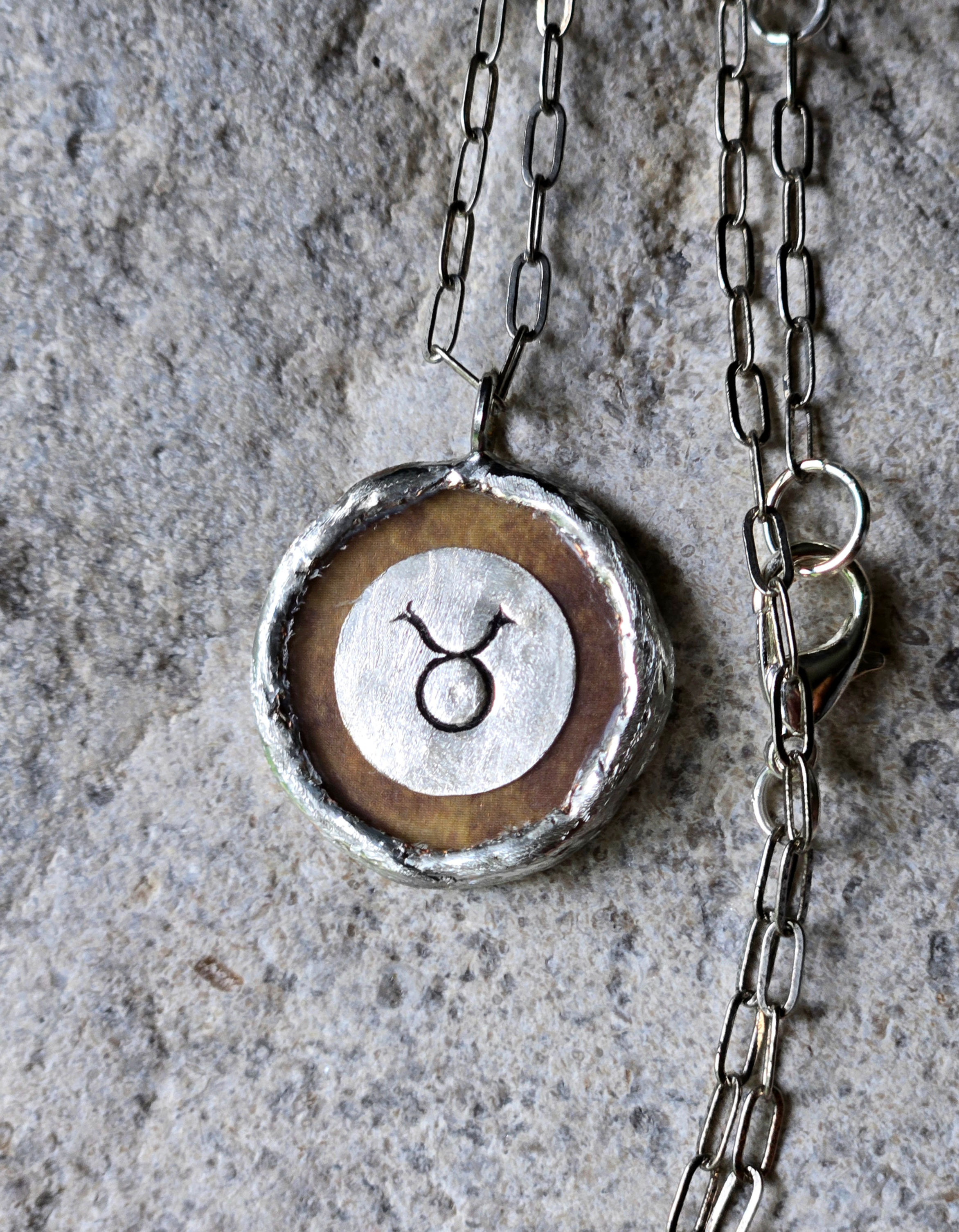Artisan Taurus Zodiac & Argentium Silver Stamped Pendant Necklace
