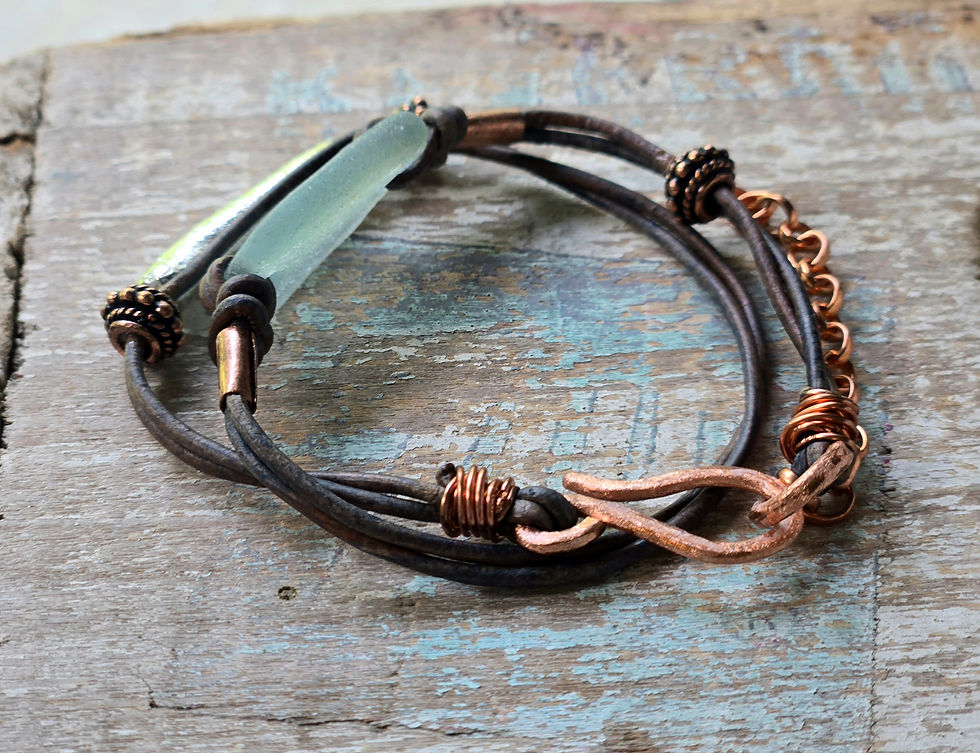 Thumbnail: Lake Michigan Beach Glass Leather Bracelet-Silver & Copper Accent Beads 