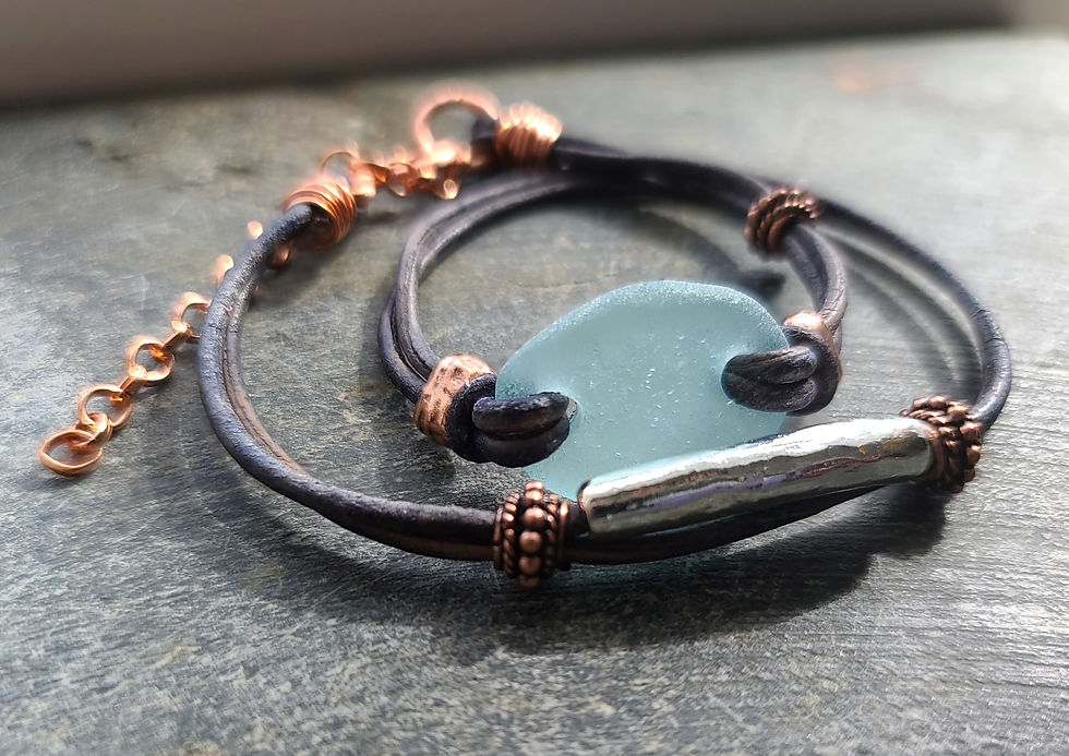 Thumbnail: Light blue/green beach glass leather copper bead wrap bracelet