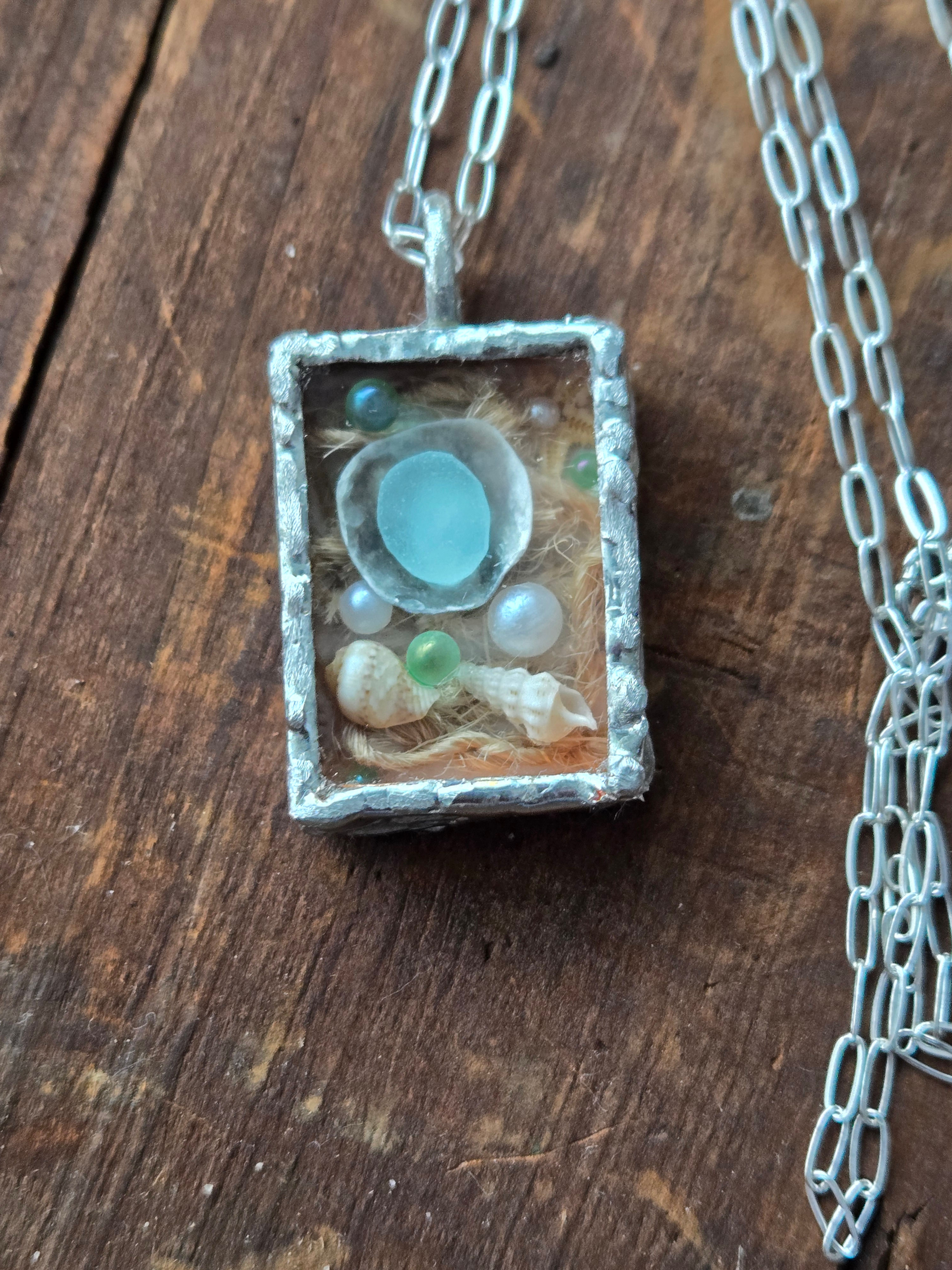 Lake Michigan Beach Glass Shadow Box Necklace | Silver Soldered Keepsake Pendant