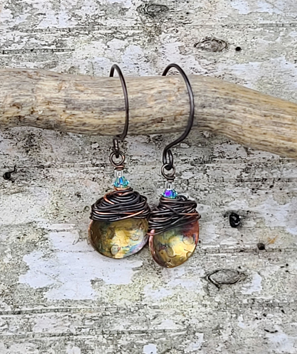 Thumbnail: Hammered fire painted copper drop earrings