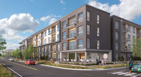 Rendering of building. The building is 3 stories and is brown and white with large glass windows