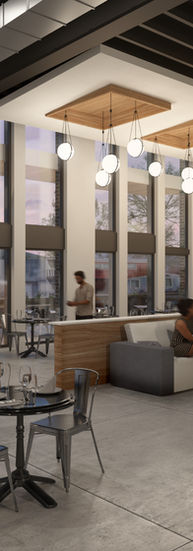 Rendering of the dining space. People talk and eat while enjoying views from the windows.