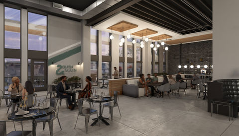 Rendering of the dining space. People talk and eat while enjoying views from the windows.
