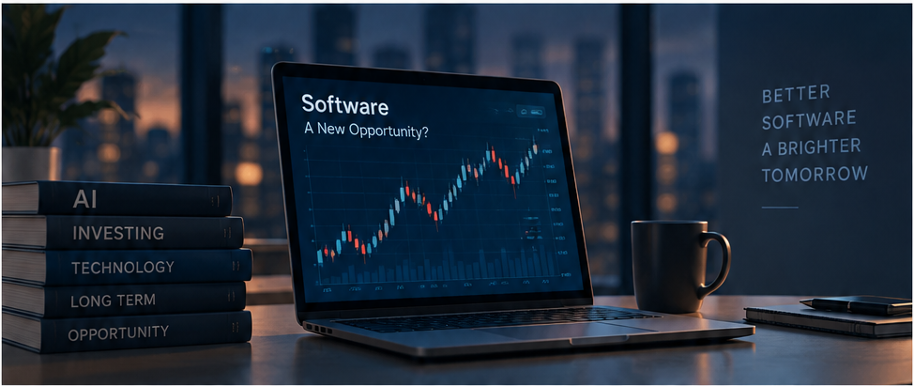 Laptop displays rising stock chart titled Software beside AI investing books and a mug; wall reads Better Software, A Brighter Tomorrow
