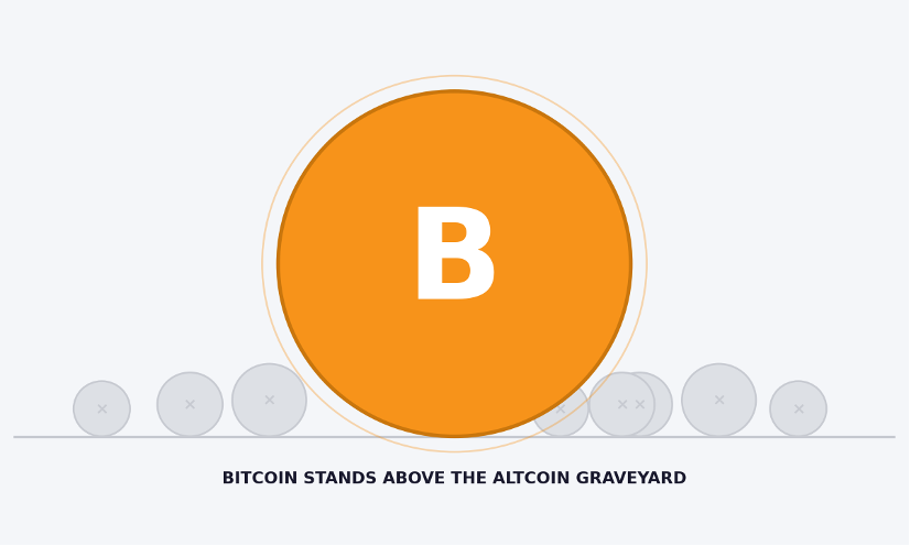 Orange Bitcoin coin with white B stands above gray altcoin circles, with caption Bitcoin stands above the altcoin graveyard.