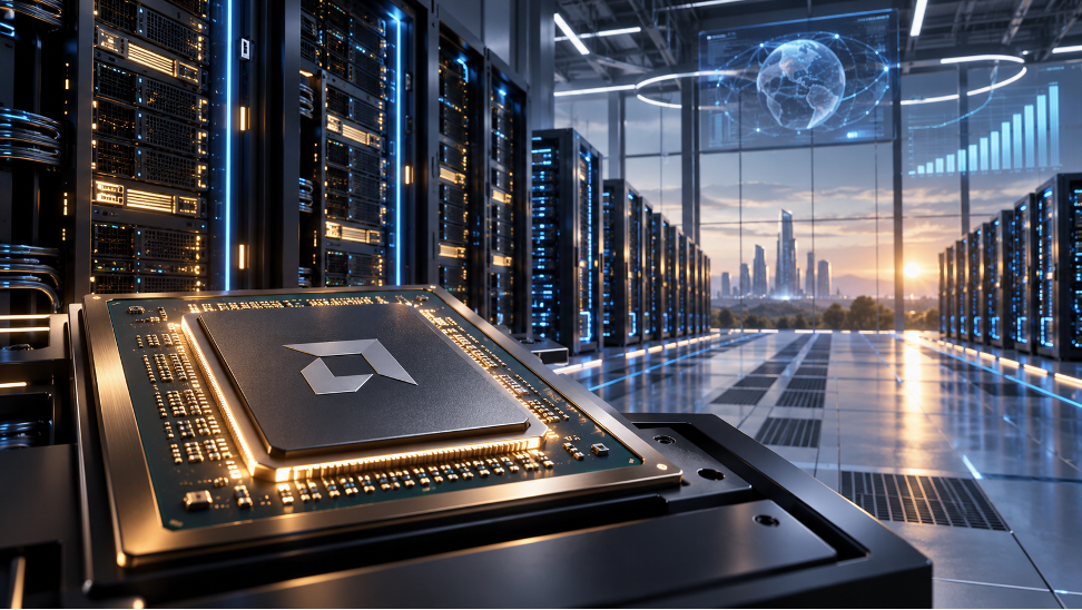 Futuristic data center with glowing chip in foreground, server racks, holographic globe and rising chart over sunrise city.