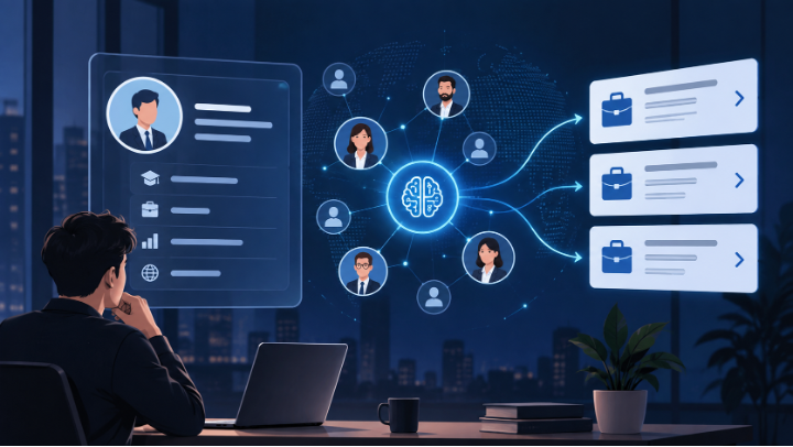 Man at desk with laptop watches a glowing AI network connecting profile avatars to job cards in a night city office.