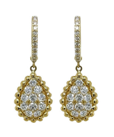 18kt Yellow Gold Diamond Hoop Earrings with Pave Diamond Beaded Edge Drop.