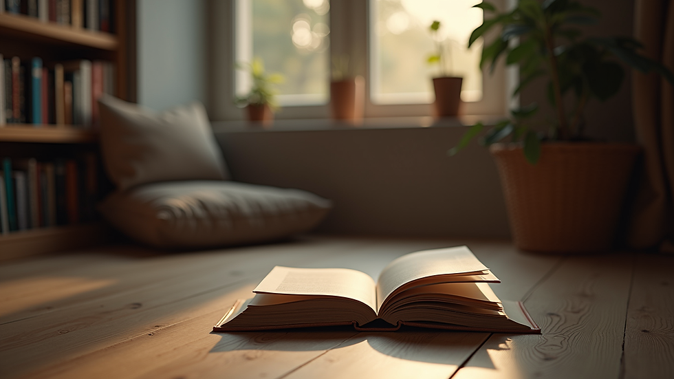 Eye-level view of a cozy reading nook with a stack of books