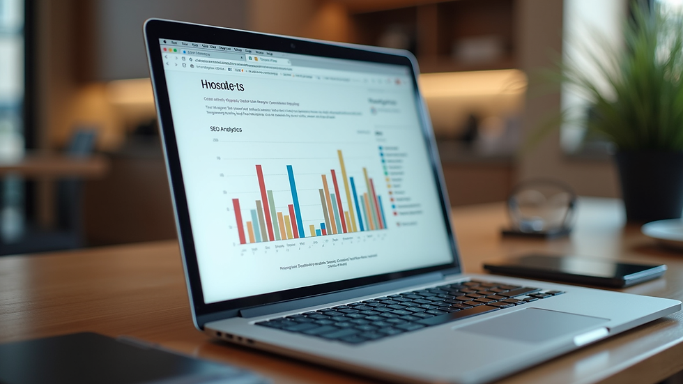 Eye-level view of a laptop displaying a blog with SEO analytics
