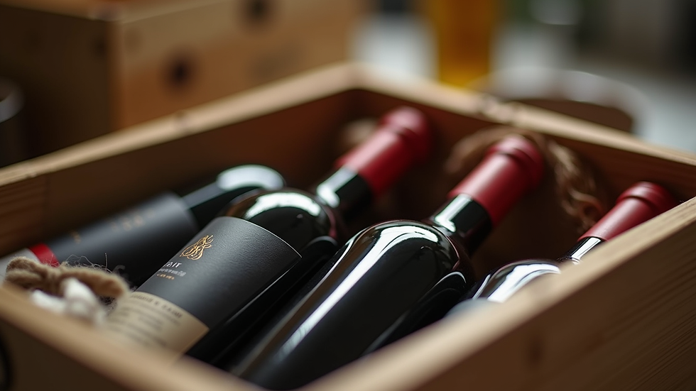 Eye-level view de caixa de assinatura de vinhos com garrafas e acessórios