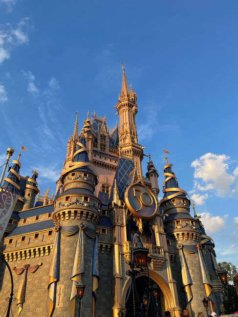 a front view of Cinderella's Castle at Magic Kingdom for the 50th anniversary of Disney World Florida