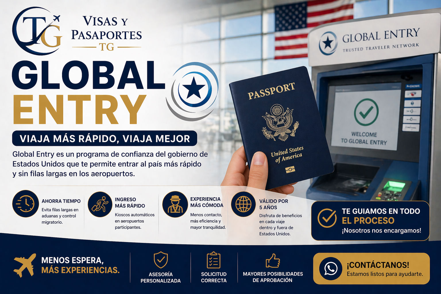 rograma que agiliza tu entrada a Estados Unidos con kioscos automáticos y acceso rápido en aeropuertos.
Incluye beneficios de TSA PreCheck para viajar sin filas y con mayor comodidad.